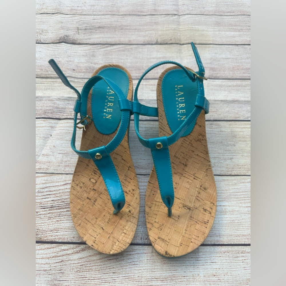 NWOT Lauren Ralph Lauren Rosalia T-Strap Wedge Cork Shoes Sz 7B Aztec Blue
